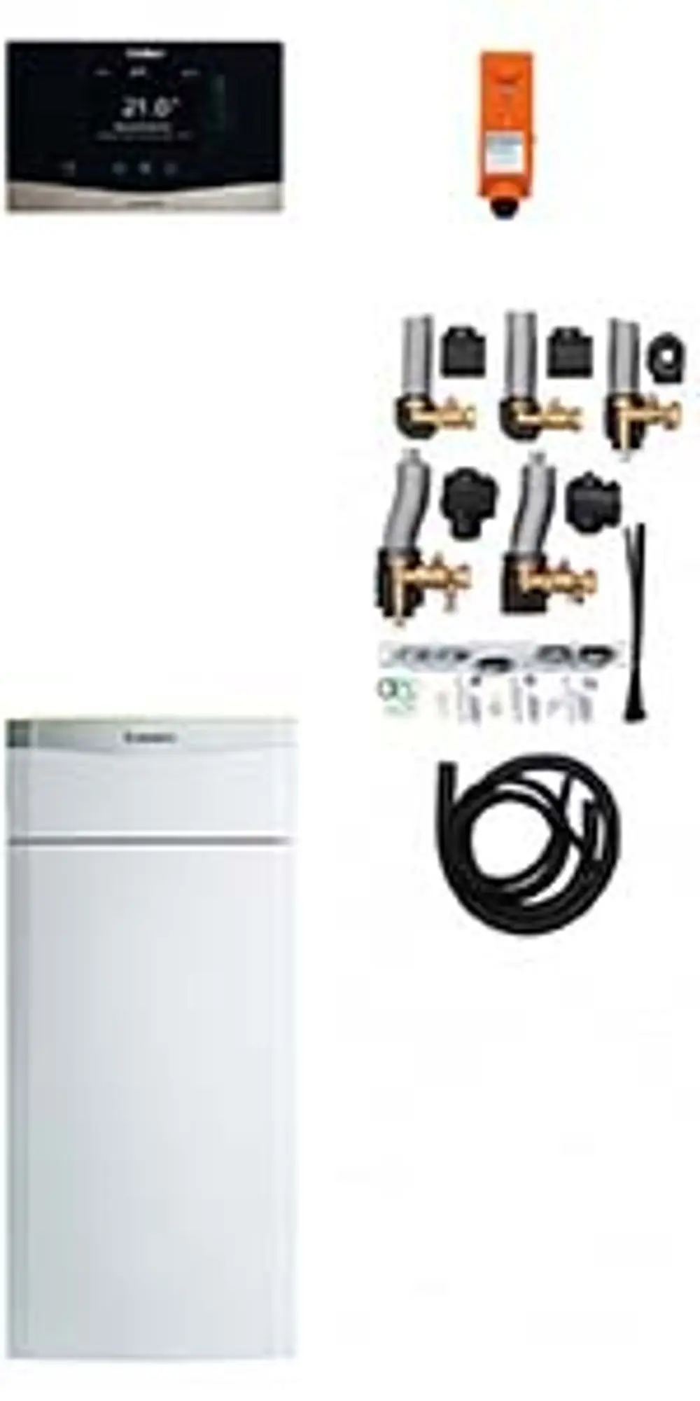 Vaillant Steuergerät mit digitaler Anzeige, Montagesatz mit Rohren, Ventilen und Anschlüssen, sowie einem weißen Standgerät im Hintergrund.
